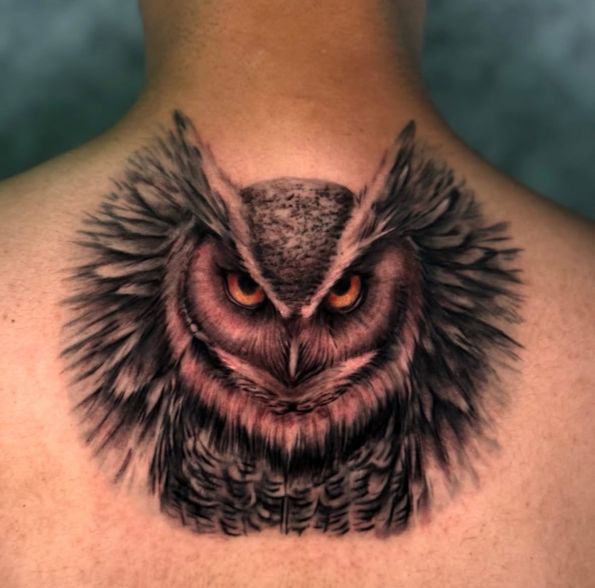 Black and grey owl tattoo composition on the chest by Joseph Bsaibess, Beirut